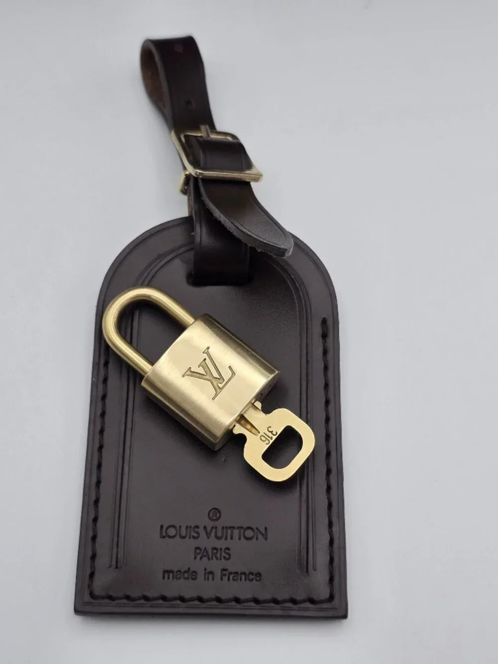 Authentic Louis Vuitton Brown Luggage Tag & Gold Padlock with Key-Made in France